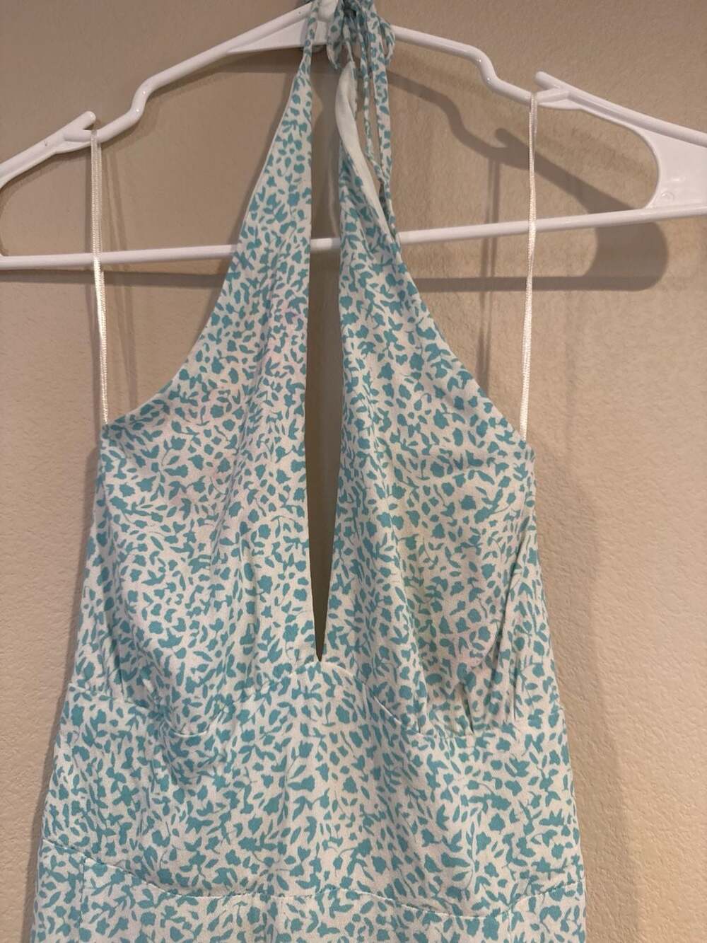 Pull & Bear Sz.S Halter Maxi Dress Floral AOP Turquoise/White - Picture 3 of 12